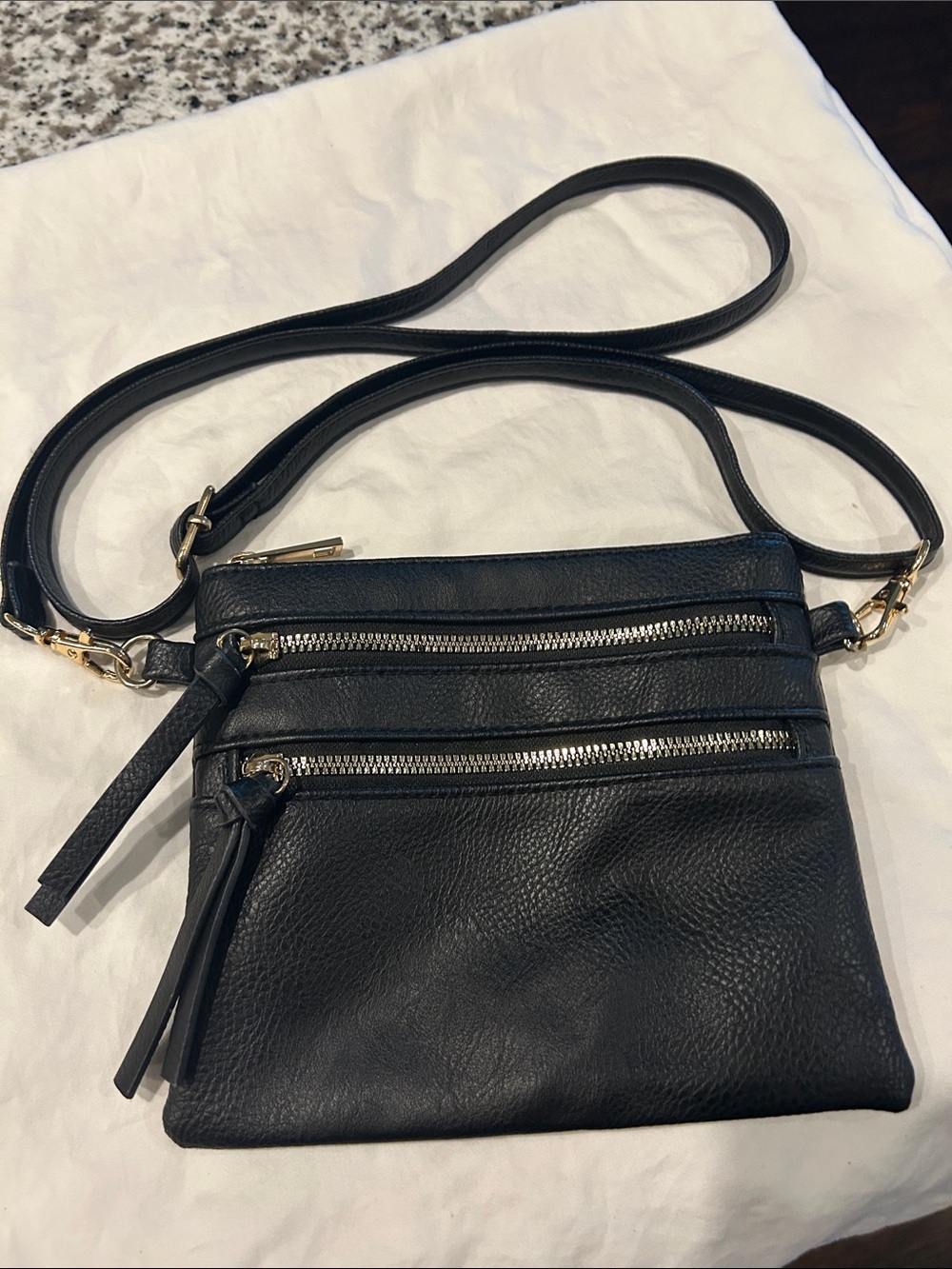 Classic Black Faux Leather Crossbody Bag with Zip Pockets